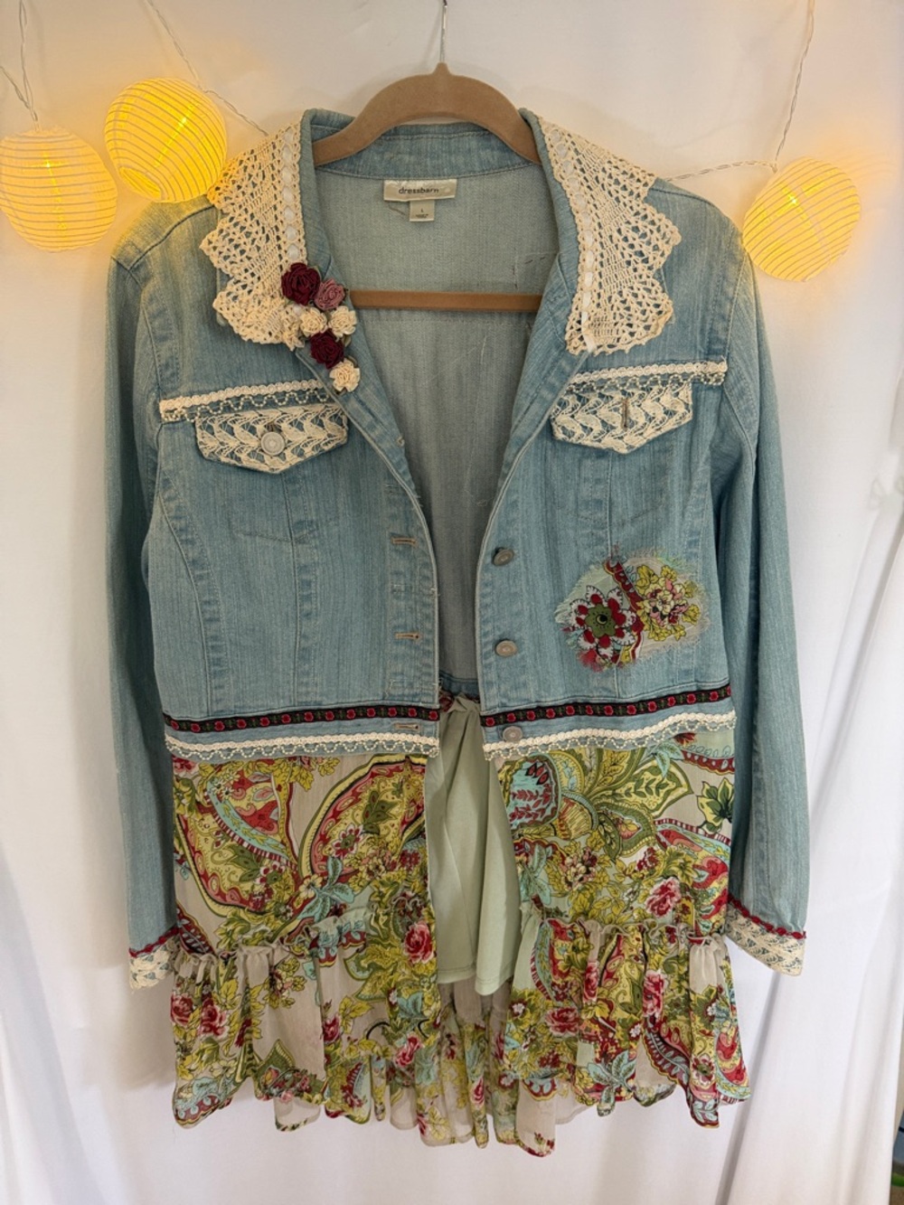 dressbarn Light Blue Denim Jacket with Floral Skirt Panel